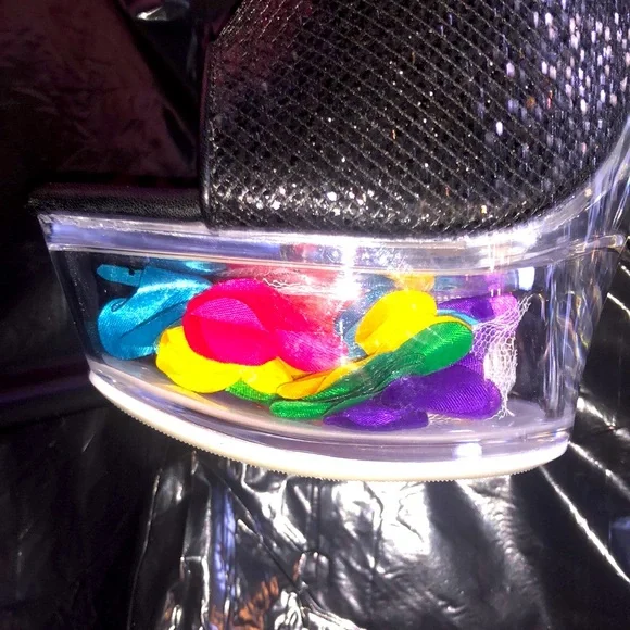 Black platform heels with silver rhinestone fringe - Picture 4 of 7